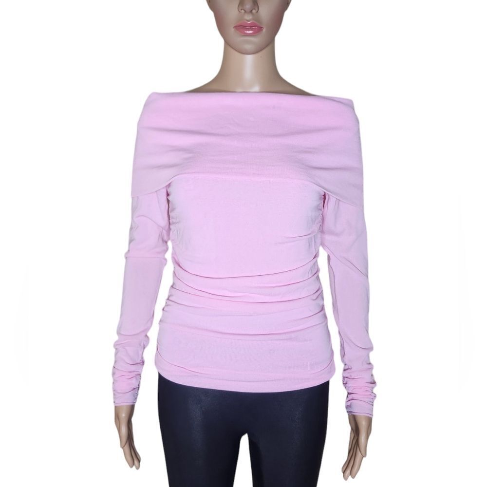 NWT Zara Womens bubble pink off shoulder ruched knit stretch top Size Medium